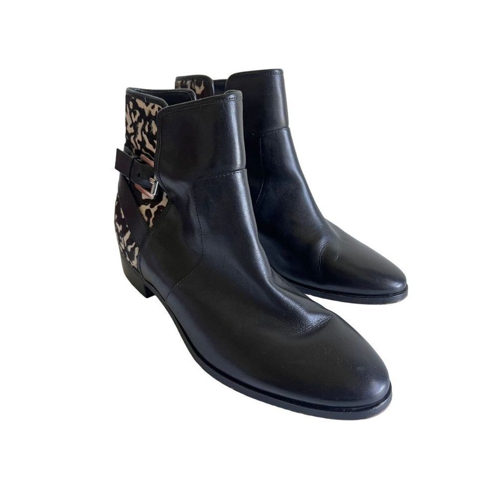 Michael Kors Black Leather Ankle Boots with Brown & White Animal Print Heel - Picture 3 of 8